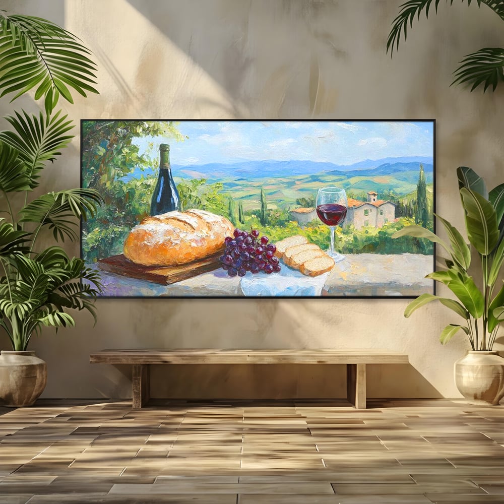 Tablou canvas cu tablou canvas cu natura moarta si peisaj toscan, in rama de aluminiu negru